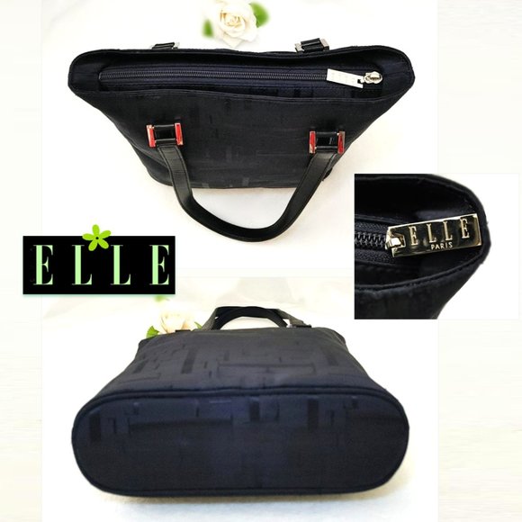 ELLE Paris Blue Nylon Tote Shoulder Bag Black Leather Handle Front Pocket ZipTop - Picture 6 of 10